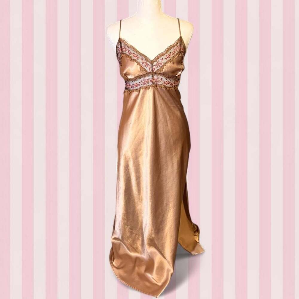 Valerie Stevens Gold Satin Slip Dress with Lace Floral Embroidery